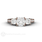 3 Stone Cushion Moissanite Engagement Ring Forever One 14K Rose Gold - Rare Earth Jewelry