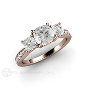3 Stone Cushion Moissanite Engagement Ring Forever One 18K Rose Gold - Rare Earth Jewelry