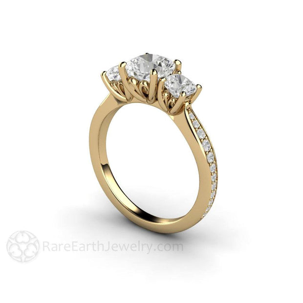 3 Stone Cushion Moissanite Engagement Ring Forever One 14K Yellow Gold - Rare Earth Jewelry
