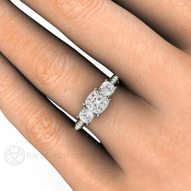 3 Stone Cushion Moissanite Engagement Ring Forever One 18K White Gold - Rare Earth Jewelry