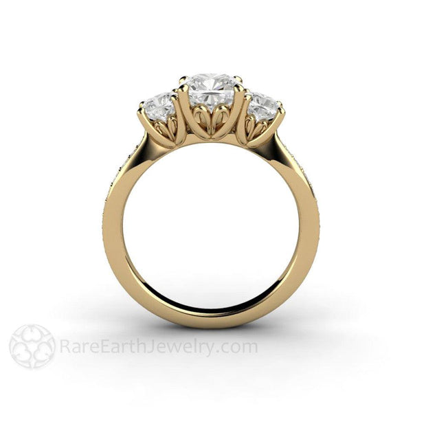 3 Stone Cushion Moissanite Engagement Ring Forever One 14K Yellow Gold - Rare Earth Jewelry