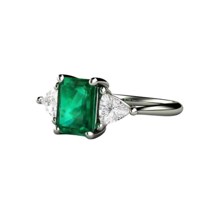 3 Stone Emerald Engagement Ring | Emerald Cut May Birthstone Ring