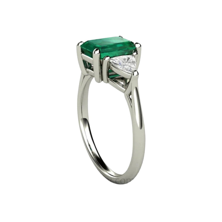 3 Stone Emerald Engagement Ring with Emerald Cut Lab Grown Emerald and White Sapphire Trillions, Side View