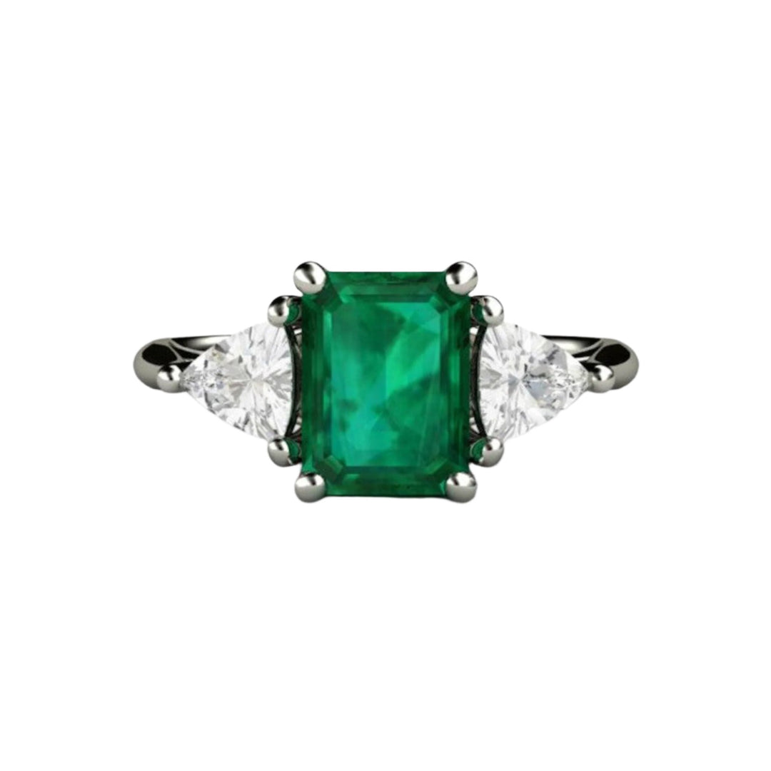 3 Stone Emerald Engagement Ring with Diamond Trillions | Emerald Cut May Birthstone Ring