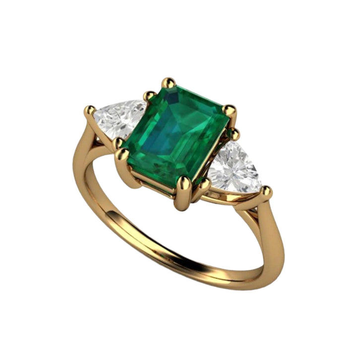 Lab Grown Emerald Engagement Ring with Trillion Diamonds in 18K Yellow Gold