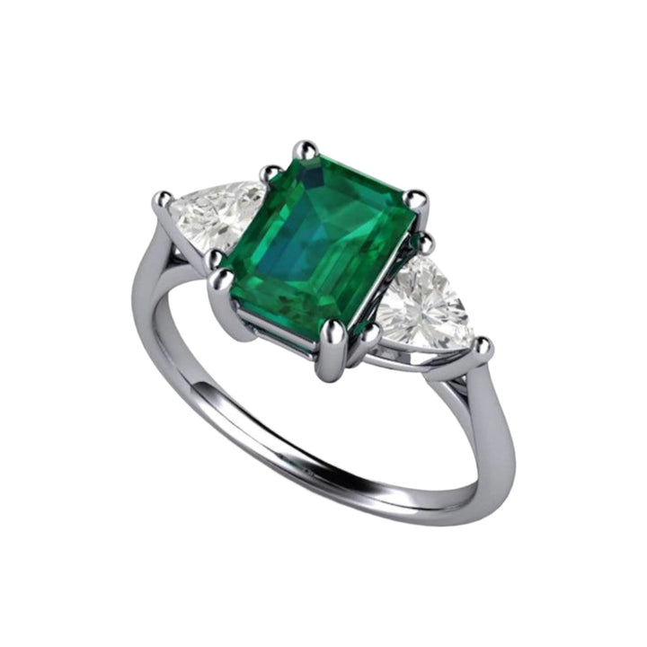 Platinum Emerald 3 Stone Engagement Ring with Diamond Trillions | Emerald Cut May Birthstone Ring