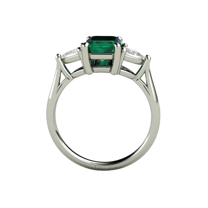 3 Stone Emerald Engagement Ring, Profile View | Emerald Cut May Birthstone Ring