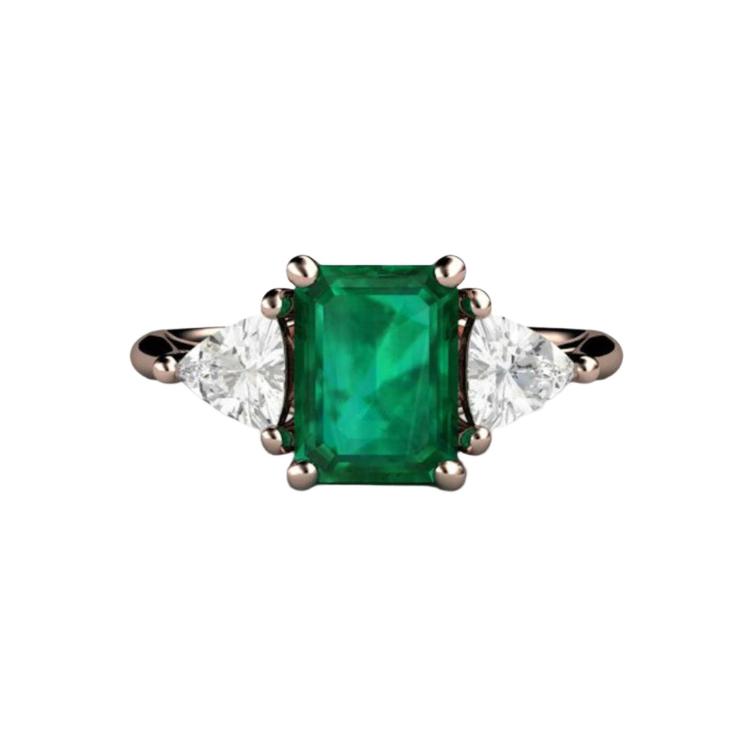 Three Stone Emerald Ring with Diamond Trillions in Gold or Platinum