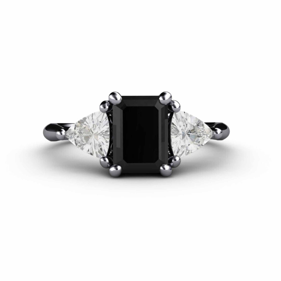 3 Stone Black Spinel Engagement Ring with White Sapphire Trillions - Rare Earth Jewelry