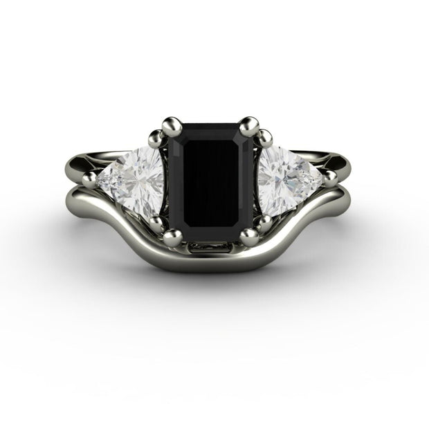 3 Stone Engagement Ring Black Spinel with White Sapphire Trillions 14K White Gold - Wedding Set - Rare Earth Jewelry