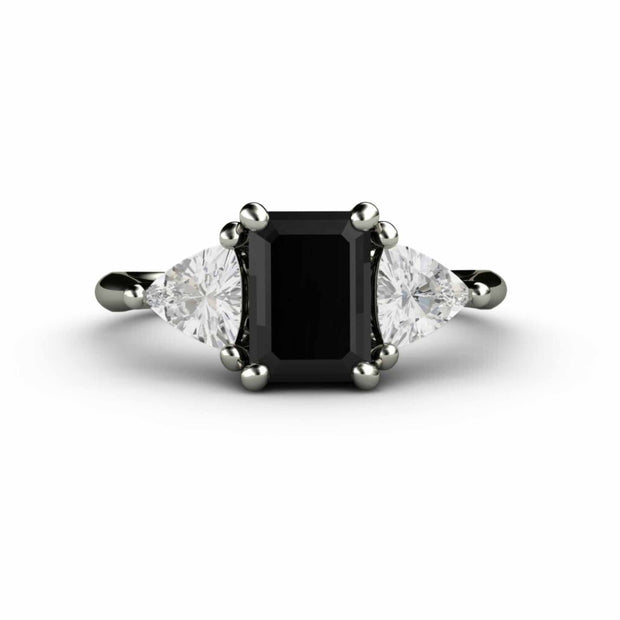 3 Stone Black Spinel Engagement Ring with White Sapphire Trillions ...