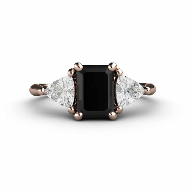 3 Stone Engagement Ring Black Spinel with White Sapphire Trillions 18K Rose Gold - Engagement Only - Rare Earth Jewelry