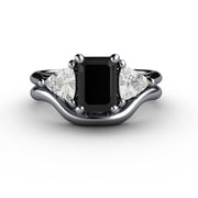 3 Stone Engagement Ring Black Spinel with White Sapphire Trillions Platinum - Wedding Set - Rare Earth Jewelry