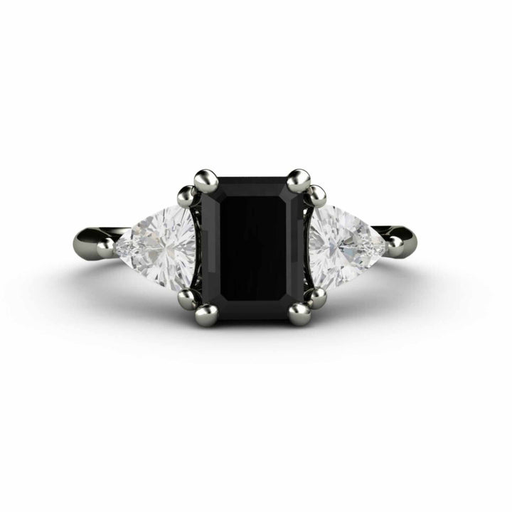 3 Stone Black Spinel Engagement Ring with White Sapphire Trillions - Rare Earth Jewelry