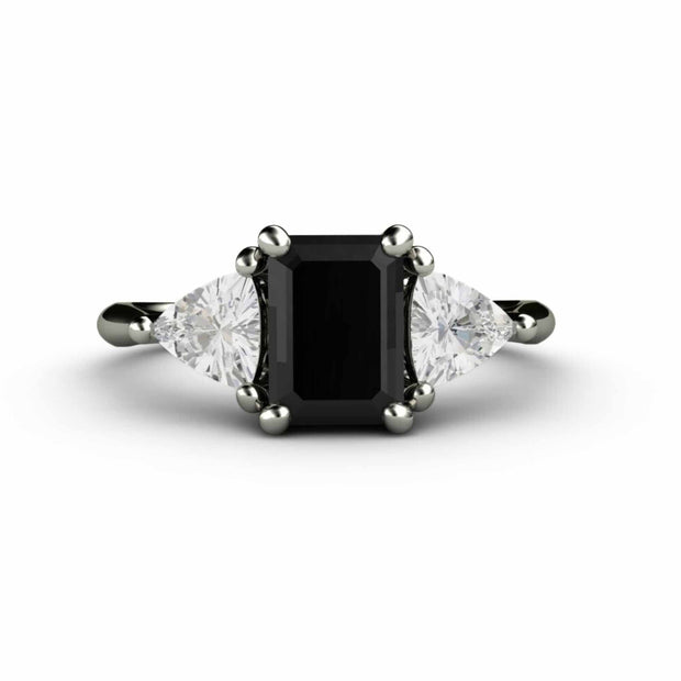 3 Stone Engagement Ring Black Spinel with White Sapphire Trillions 18K White Gold - Engagement Only - Rare Earth Jewelry