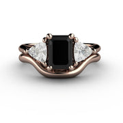 3 Stone Engagement Ring Black Spinel with White Sapphire Trillions 14K Rose Gold - Wedding Set - Rare Earth Jewelry