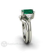3 Stone Green Emerald Engagement Ring May Birthstone 18K White Gold - Wedding Set - Rare Earth Jewelry