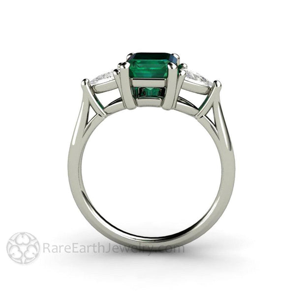 3 Stone Green Emerald Engagement Ring May Birthstone 18K White Gold - Engagement Only - Rare Earth Jewelry