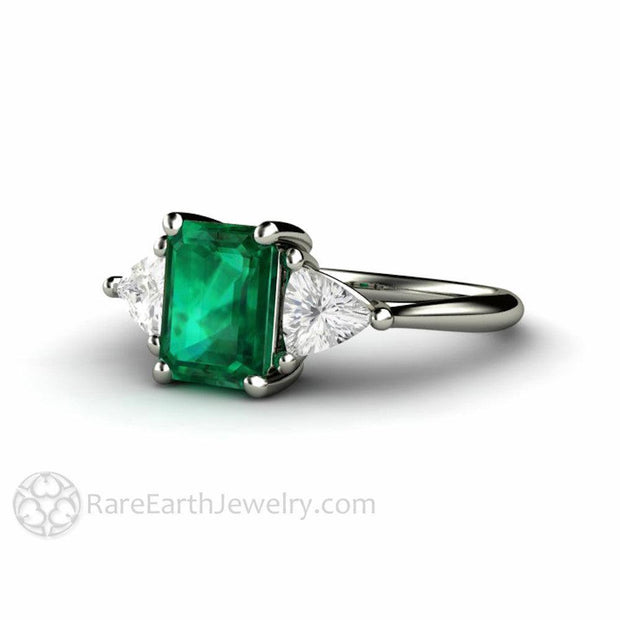 3 Stone Green Emerald Engagement Ring May Birthstone 14K White Gold - Engagement Only - Rare Earth Jewelry