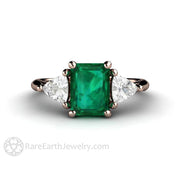 3 Stone Green Emerald Engagement Ring May Birthstone 14K Rose Gold - Engagement Only - Rare Earth Jewelry