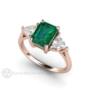 3 Stone Green Emerald Engagement Ring May Birthstone 18K Rose Gold - Engagement Only - Rare Earth Jewelry