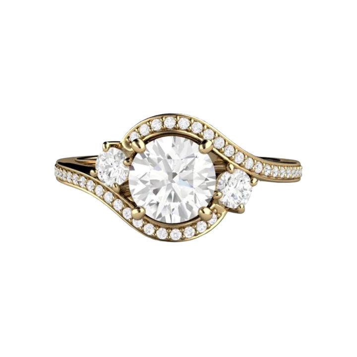 3 Stone Moissanite Ring Split Band Halo Design, 14K Yellow Gold