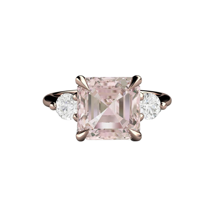 3 Stone Morganite Engagement Ring, 3ct Asscher Cut with Diamonds, Gold or Platinum