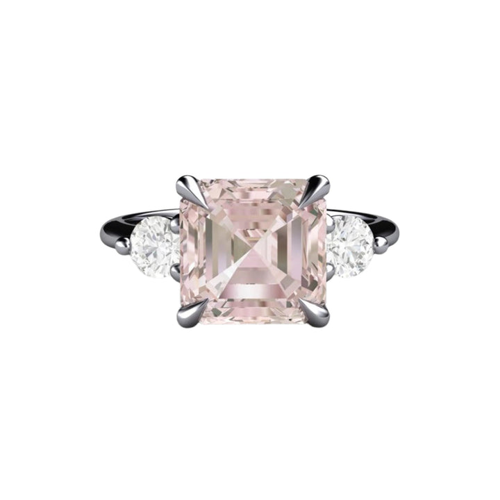 Morganite 3 Stone Ring, Asscher Cut Engagement Ring, Diamond Accents, Talon Shaped Prongs