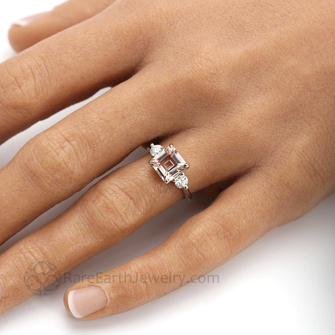 3 Stone Morganite Engagement Ring Asscher Cut with Diamonds and Claw Prongs - Rare Earth Jewelry