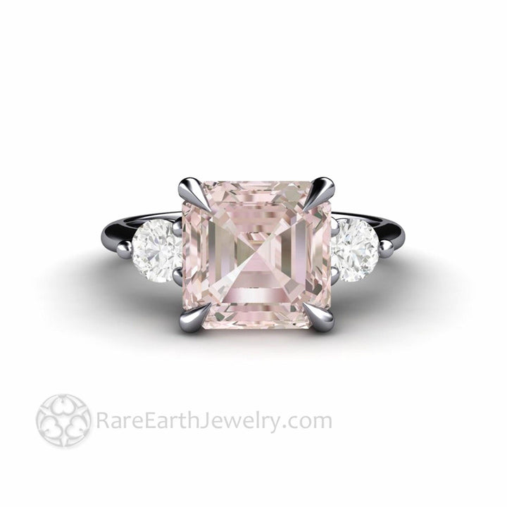 3 Stone Morganite Engagement Ring Asscher Cut with Diamonds and Claw Prongs - Rare Earth Jewelry