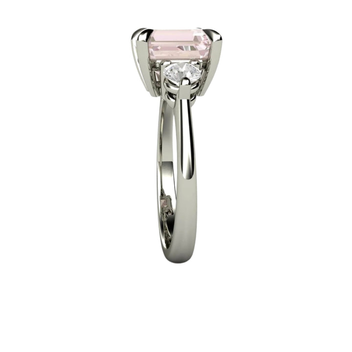 3 Stone Morganite Engagement Ring, Asscher Cut with Diamonds, Side View