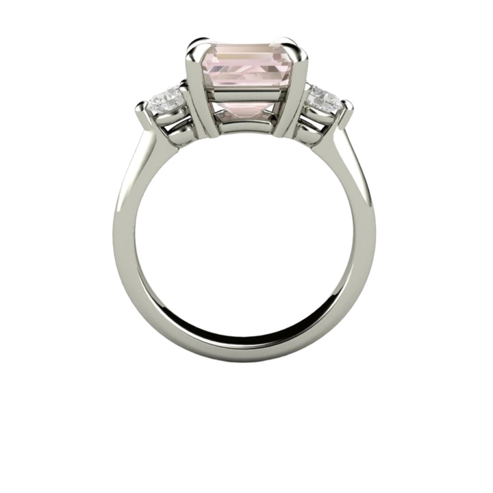 3 Stone Morganite Engagement Ring, Asscher Cut with Diamonds, Profile View