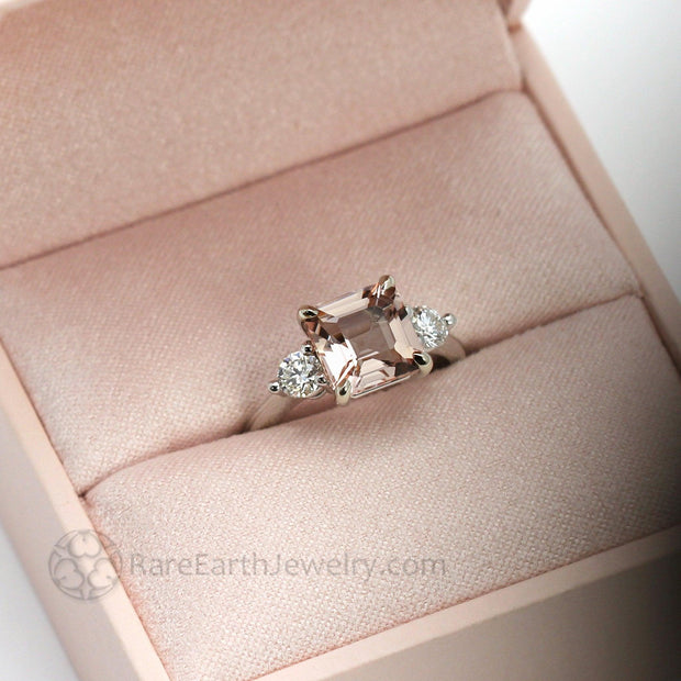 3 Stone Morganite Engagement Ring Asscher Cut with Diamonds and Claw Prongs 14K White Gold - Rare Earth Jewelry