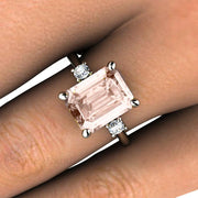 3 Stone Morganite Engagement Ring Emerald Cut with Diamonds 14K Rose Gold - Rare Earth Jewelry