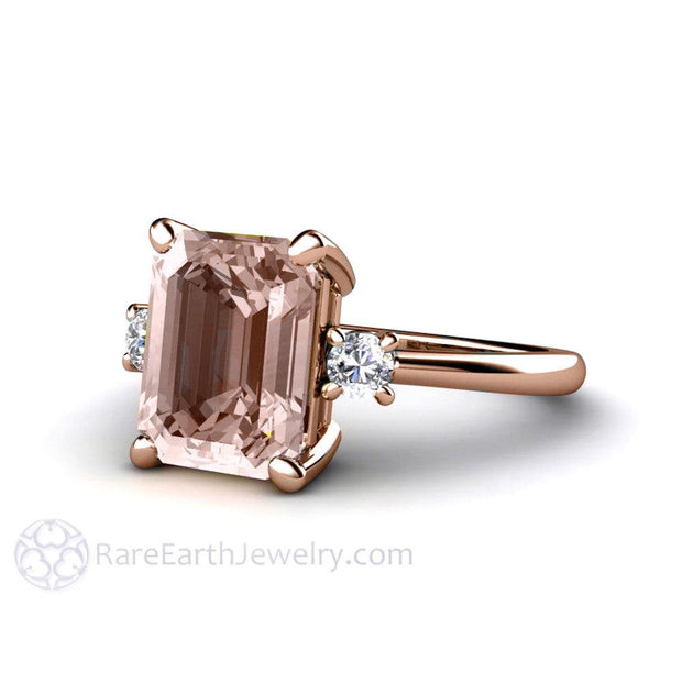 3 Stone Morganite Engagement Ring Emerald Cut with Diamonds 14K Rose Gold - Rare Earth Jewelry