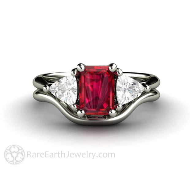 3 Stone Ruby Engagement Ring Emerald Cut with White Sapphire Trillions 14K White Gold - Wedding Set - Rare Earth Jewelry