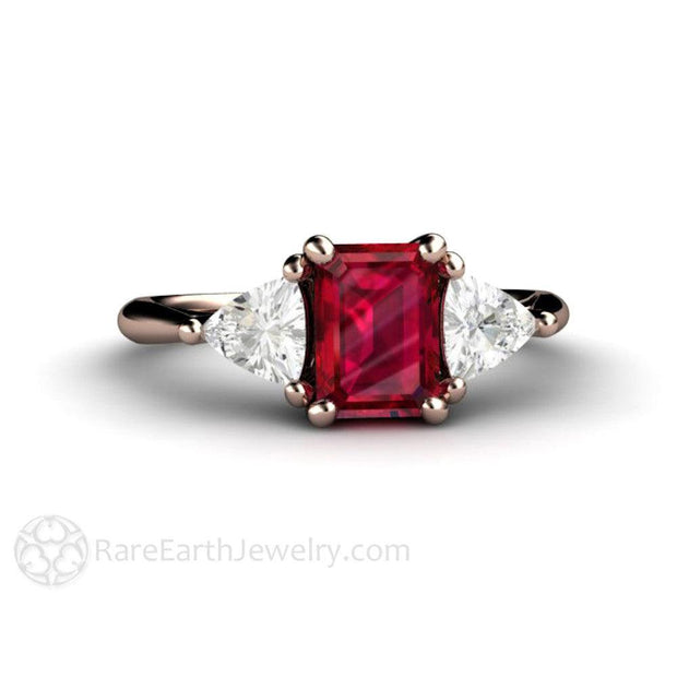 3 Stone Ruby Engagement Ring Emerald Cut with White Sapphire Trillions 14K Rose Gold - Engagement Only - Rare Earth Jewelry