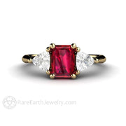3 Stone Ruby Engagement Ring Emerald Cut with White Sapphire Trillions 14K Yellow Gold - Engagement Only - Rare Earth Jewelry