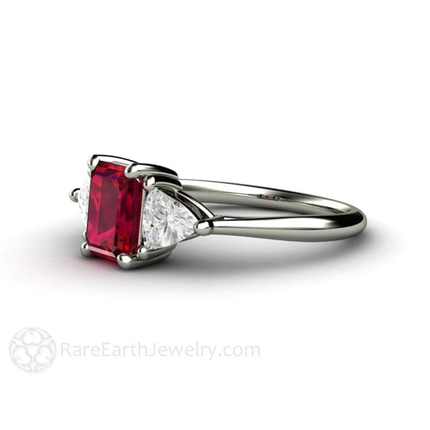 3 Stone Ruby Engagement Ring Emerald Cut with White Sapphire Trillions 14K White Gold - Engagement Only - Rare Earth Jewelry