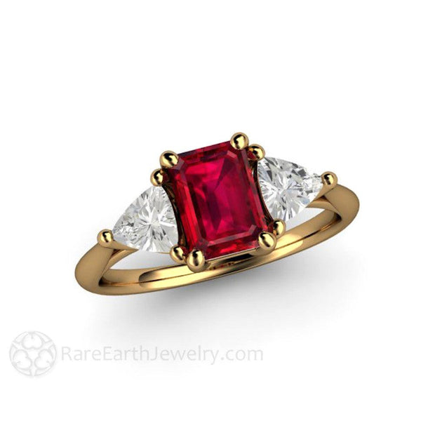 3 Stone Ruby Engagement Ring Emerald Cut with White Sapphire Trillions 18K Yellow Gold - Engagement Only - Rare Earth Jewelry