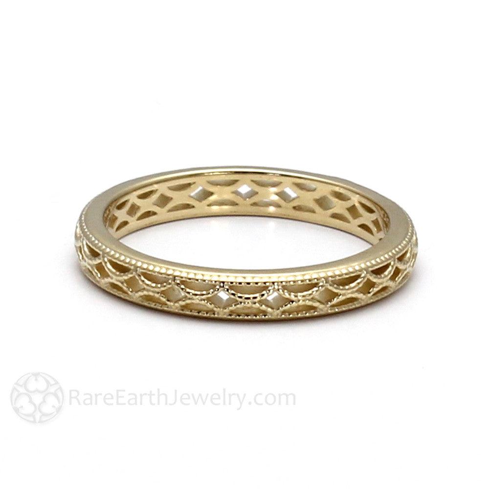 3mm Vintage Style Filigree Wedding Band with Milgrain 14K Yellow Gold - Rare Earth Jewelry