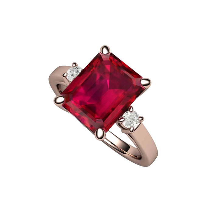 Emerald Cut Ruby and Diamond Ring, Three Stone Ruby Ring, 14K Gold, 14K Rose Gold