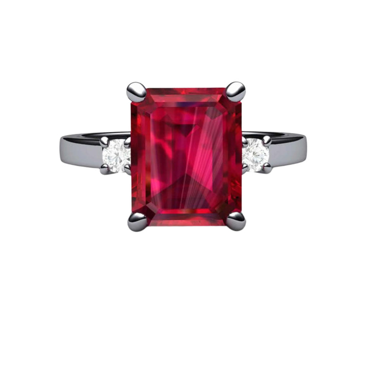 Ruby Birthstone Ring, Lab Grown Ruby Engagement Ring, Emerald Cut 3 Stone Ring, Platinum