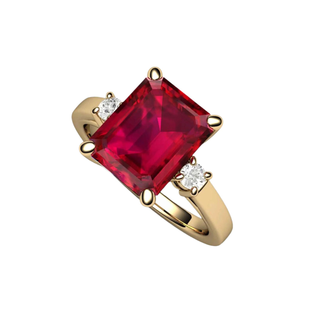 July Birthstone Ring, Red Gemstone, Ruby Emerald Cut Engagement Ring, 14K Yellow Gold