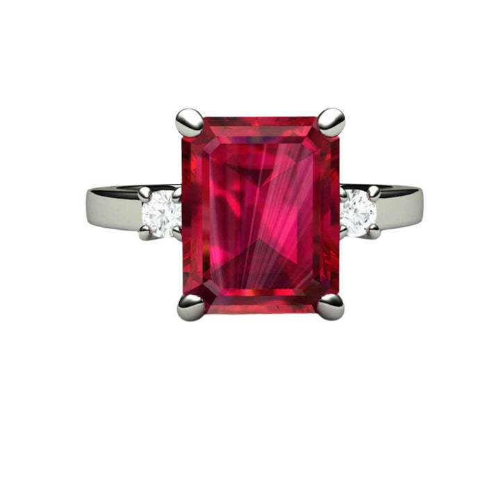 Lab Created Ruby Engagement Ring, 4 Carats, Lab Grown, 10x8mm Emerald Cut