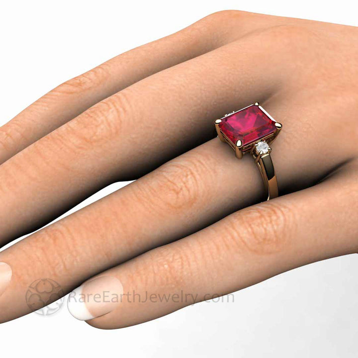 4ct Emerald Cut Ruby Engagement Ring, 10x8mm Ruby Ring on the Hand, Ruby and Diamond Ring