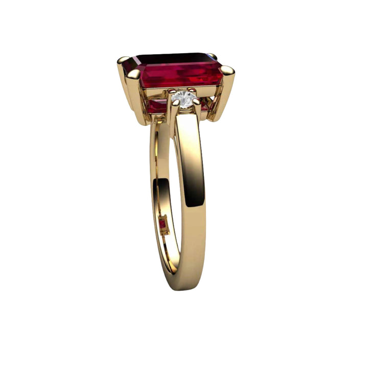 4 Carat Ruby Ring, 3 Stone Setting with Diamond Accents, Side View