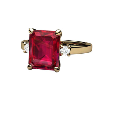 A large emerald cut ruby ring in a 3 stone style in gold or platinum.  Affordable 4ct lab created ruby engagement ring from Rare Earth Jewelry.