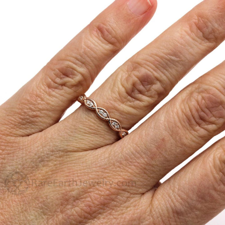 Antique Style Diamond Band Scalloped Shape with Milgrain Edge, Shown on the Hand