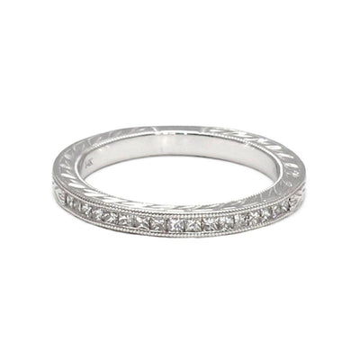 An antique style diamond wedding ring with an Art Deco engraved design and princess cut natural diamonds in gold or platinum from Rare Earth Jewelry.